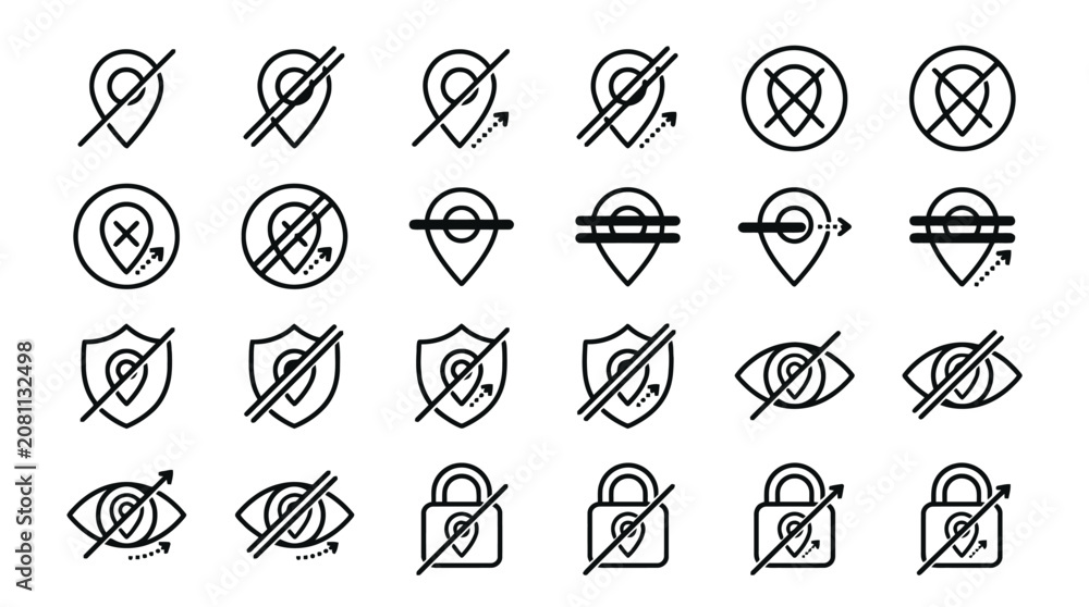 Fototapeta premium Vector Icons Set of location privacy and security icons featuring crossed out map pins and shield symbols. EPS Editable