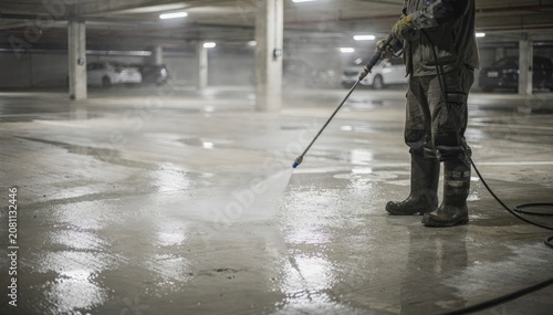 Medium shot of worker pressure washing multilevel garage floor under bright lights main area in focus background blurred for depth.