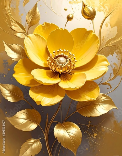 A large yellow flower with golden leaves and pearl center