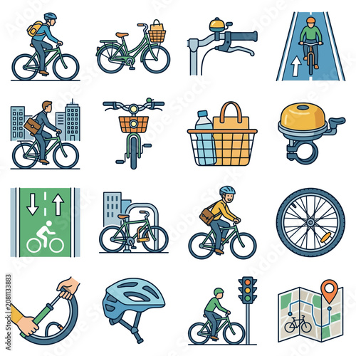 Colorful bicycle icons and cycling symbols collection.