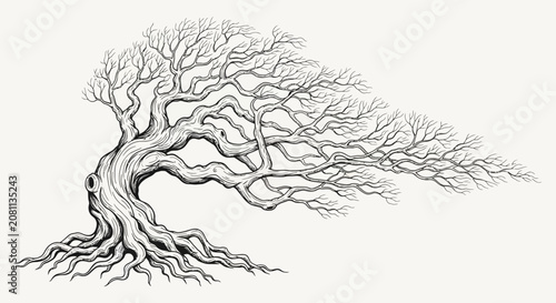 Detailed hand-drawn illustration of an ancient, gnarled tree, windswept with intricate bare branches and exposed roots, grayscale artwork.