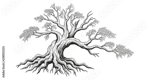Detailed vintage illustration of an ancient gnarled tree with extensive roots and branches in black and white line art style