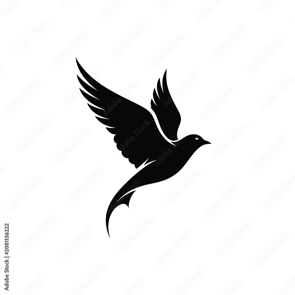 Fototapeta premium Minimalist black bird silhouette flying with wings spread wide open