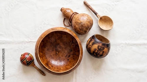 cultural craftsmanship, aerial view of a calabash bowl resting on a smooth white surface