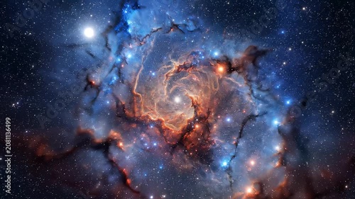 Cosmic nebula with swirling gas and bright stars against a deep starfield