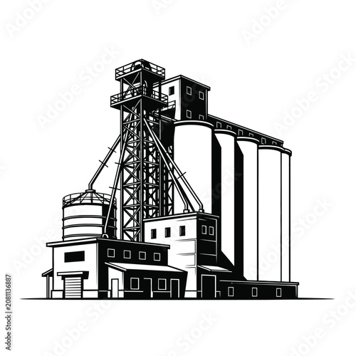 Detailed industrial grain silo complex illustration for agricultural engineering project design