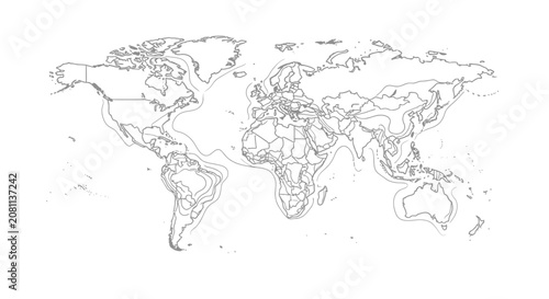 Foto World Map Outline with Elevation Contours and Political Borders