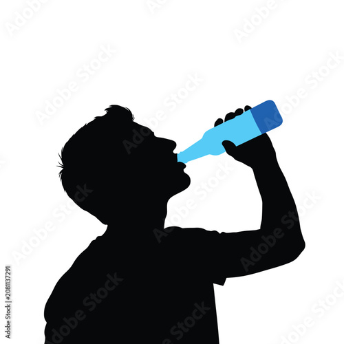 Young man drinking refreshing water from a blue plastic bottle