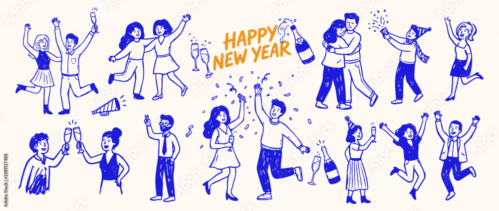 Fototapeta premium New Year's Eve Celebration: A vibrant collection of hand-drawn illustrations depicts people joyfully celebrating the New Year with champagne, confetti, and sparklers.