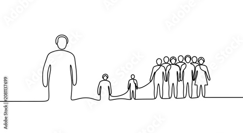 Obraz na płótnie Continuous line drawing of a large figure leading a procession of smaller figures