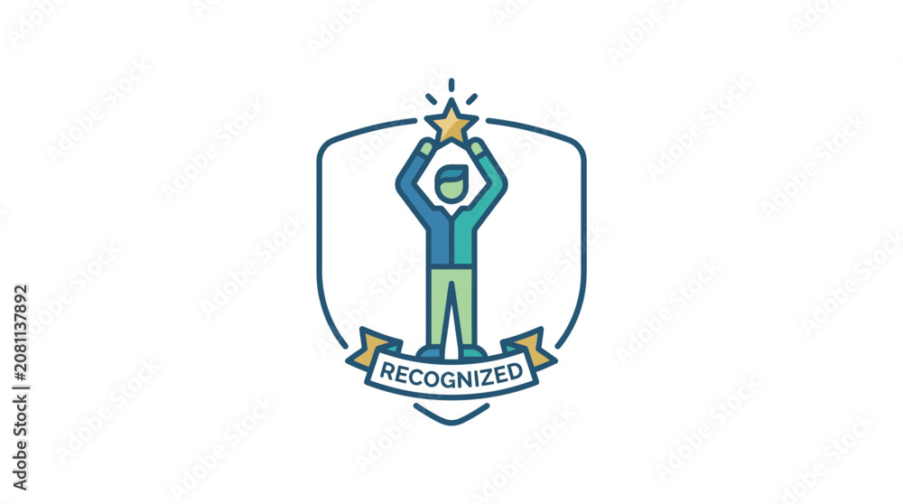 Naklejka premium Professional Success Achievement Badge with Man Holding a Star and Shield Emblem
