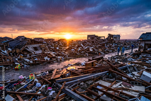 Devastated Residential Area With Collapsed Houses After Natural Disaster At Sunset