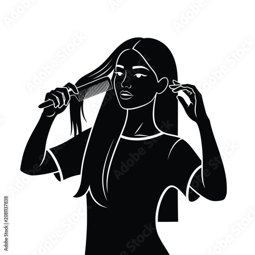 Beautiful young woman brushing her long hair with a comb