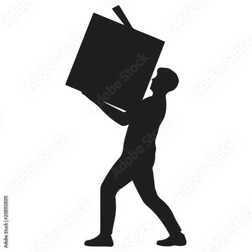 Silhouette of a man carrying a heavy cardboard shipping box