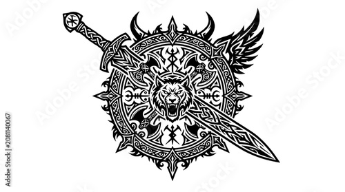 Viking Wolf Shield with Sword and Runes Emblem