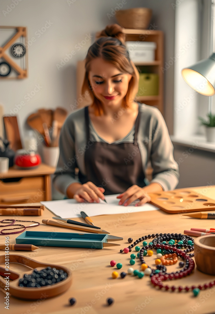 Fototapeta premium Woman crafting jewelry with beads and tools at home