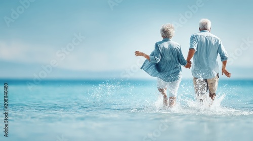 Lovely couple romantic moment. An older couple running handinhand through the water, captured in a candid moment of joy and connection. The man and woman are dressed in casual beach attire.
