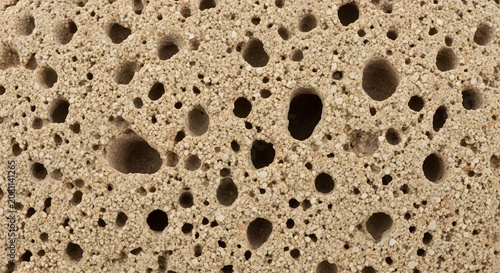 Close up view of a porous beige pumice stone texture with many irregular holes and rough granular surface details for natural background, or study