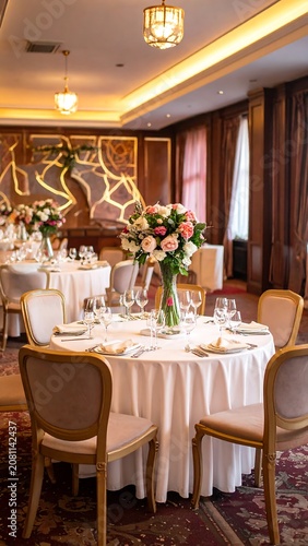 A lavishly decorated banquet hall with round tables set for a formal event, featuring white tablecloths, floral arrangements, and elegant chairs