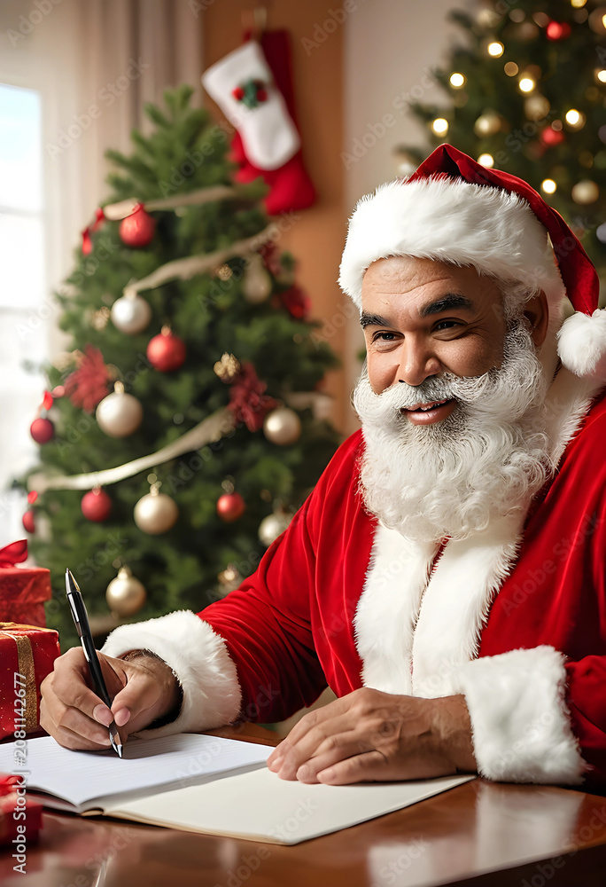 Fototapeta premium Santa Claus writing a letter indoors near Christmas tree