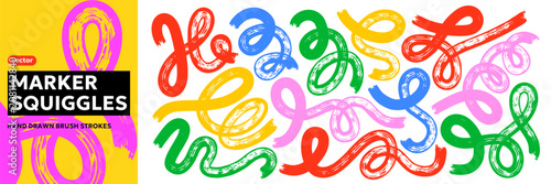 Colorful marker squiggles and doodle swirl set with bold hand drawn loops and curly strokes. Funky abstract shapes for posters, social media, branding and modern graphic design. Vector illustration.