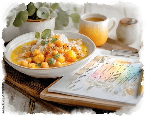 Gourmet Vegan Chickpea Curry with Rice and Mindful Eating Planner in Cozy Artistic Setting