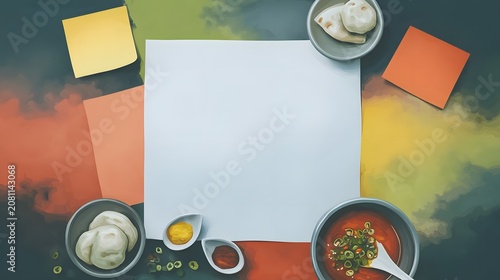 Culinary Concept Art: Asian Dumplings and Spicy Soup with Colorful Minimalist Background and Decorative Empty Space