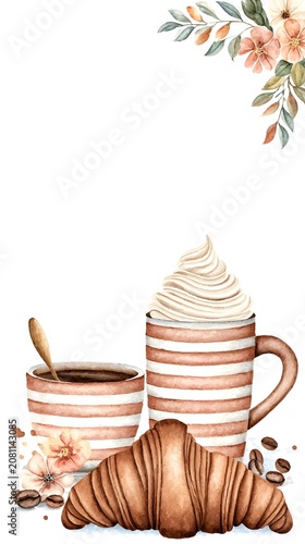 Watercolor Coffee and Croissant Composition with Floral Decor and Striped Mugs for Breakfast Themed Art in Soft Pastel Hues