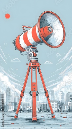 Giant Megaphone on Tripod in Urban Landscape Illustration Symbolizing Amplification of Voice and Communication Concept
