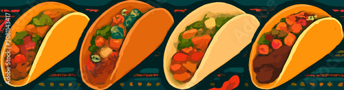 Fotografia A vibrant, close-up, horizontal banner showcasing four distinct and appetizing tacos, each filled with colorful ingredients against a dark, textured background