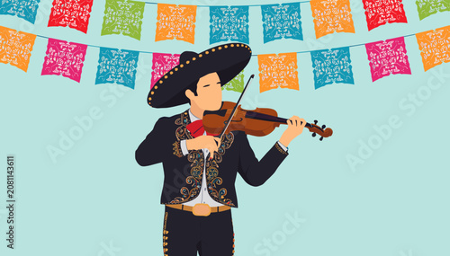 Mariachi musician in traditional charro suit playing violin under colorful papel picado banners, celebrating Mexican culture and music.