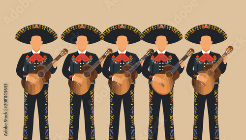 Tableau sur toile Five mariachi musicians in traditional charro suits and sombreros playing guitars, standing in a line