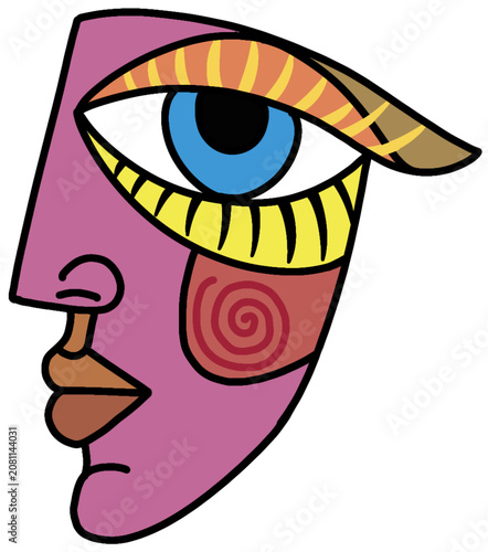 Abstract cubism profile face illustration with a big colorful blue eye, bold lines, and geometric shapes. Modern fine art design
