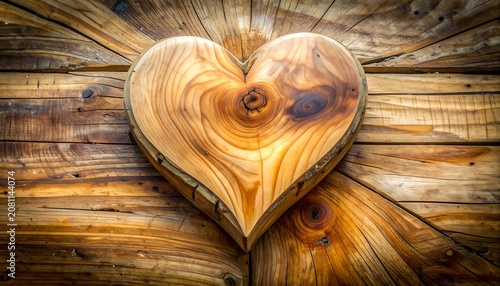 Close-up of a carved wooden heart set upon a wood grain background