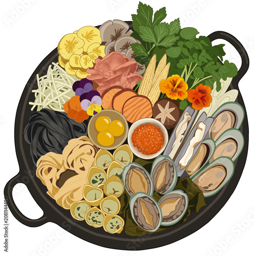 Premium luxury Asian hot pot with abalone, green mussels, salmon roe, rare mushrooms, dumplings, and edible flowers in a black pan
