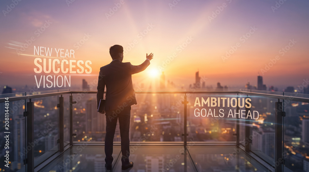 Fototapeta premium Businessman Embracing New Year Success and Ambitious Goals Under Stunning City Sunset on Rooftop