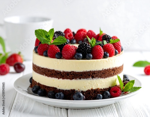 A layered dessert with cream and mixed berries on a white plate