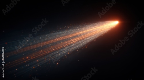 Space universe exploration, fantasy. A digital artwork depicts a celestial scene. A bright, radiant light source, resembling a comet, is the main subject. It emits a warm.