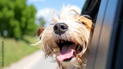 Dog head out of car window with windblown fur and open mouth. Happy terrier mix traveling in vehicle, tongue panting, sunny day, summer road trip adventure.