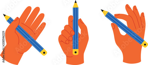 Orange hands holding blue pencils vector illustrations set for writing drawing and school design