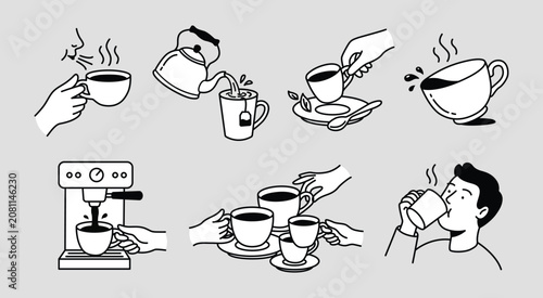 Coffee and tea preparation doodles set with kettle coffee maker cups and drinking people vector