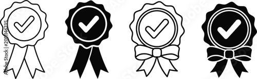 Approved quality guarantee rosettes and checkmark certification award medals line icons set