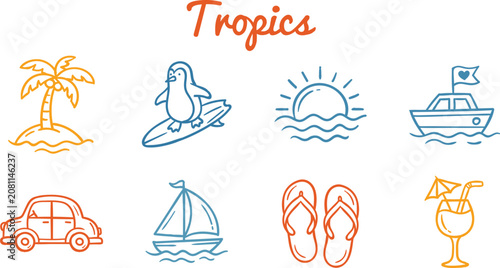 Tropics summer holiday doodles set with palm tree surfing penguin sunset flip flops and boats