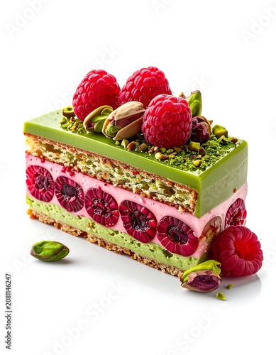 A layered dessert with green and pink layers, topped with raspberries and pistachios