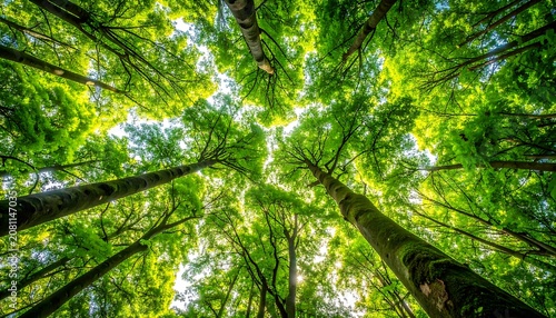 A low-angle view of tree trunks and lush green leaves forming a canopy