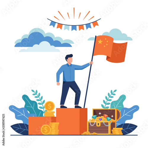 A vibrant illustration featuring a person proudly holding a Chinese flag, symbolizing national pride, celebration, and cultural identity in a visually compelling way.