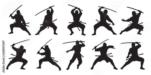 Tableau sur toile Set of black silhouettes of ninja fighters with japanese swords in various combat stances isolated on white background