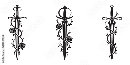 Foto Set of three medieval swords entwined with roses in a black and white vector illustration