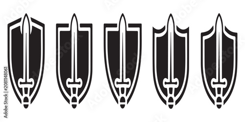 Fotografie Set of five shield and sword icons for security protection and combat readiness in black and white