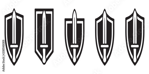 Photos Collection of five shield and sword icons representing defense security battle and medieval combat in monochrome